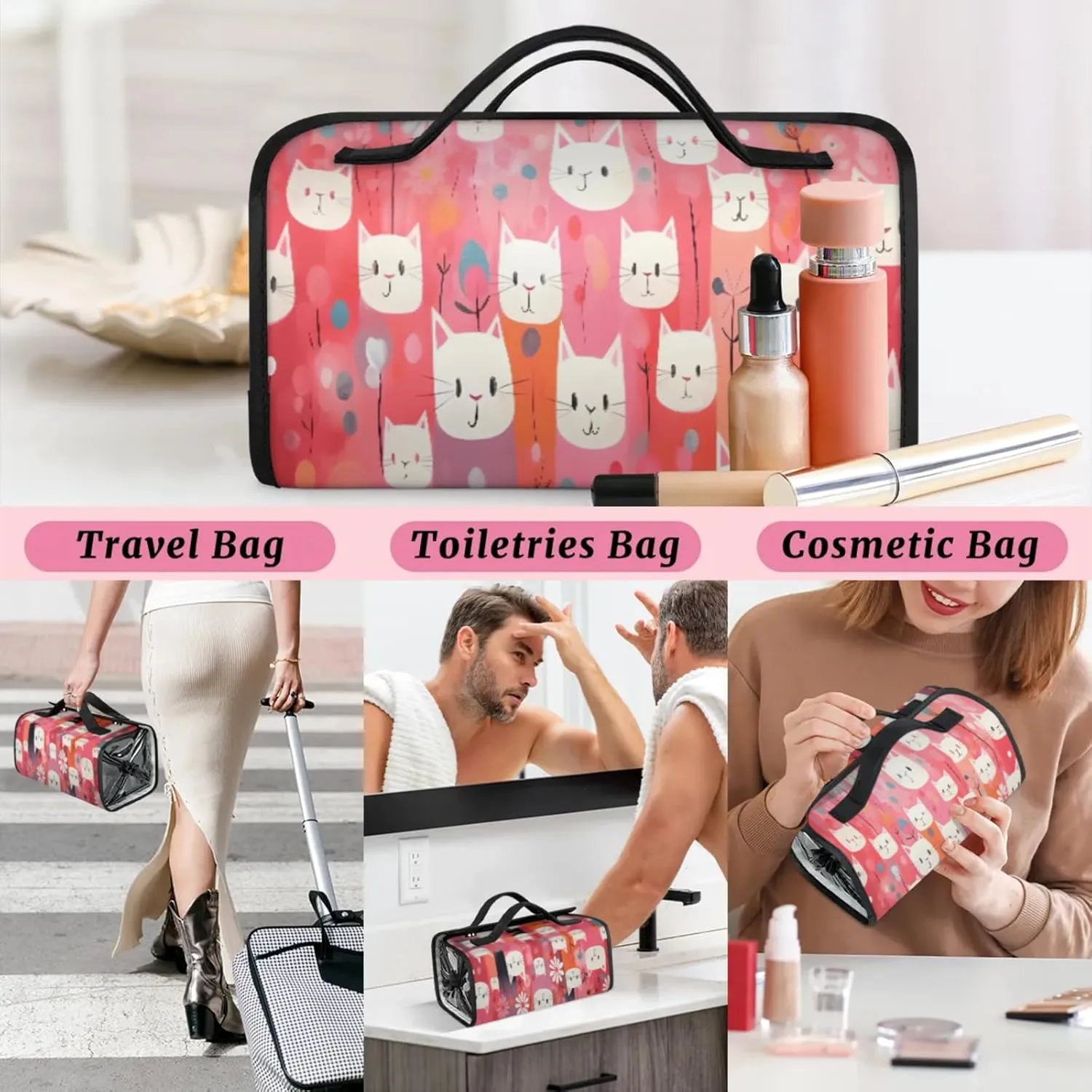 Various Cats Shape Toiletry Bag Water Proof Travel Makeup Case Large Capacity 4 in 1 Foldable Cosmetics Storage for Women Men Removable Zipper Clear PVC Pockets