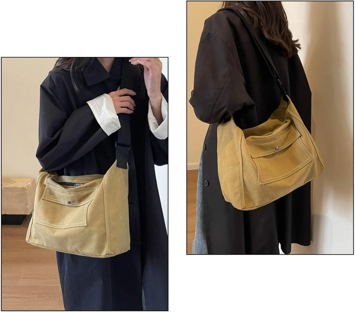 Vintage Canvas Messenger Bag for Women, Hippie Crossbody Hobo Purse with Multiple Pockets