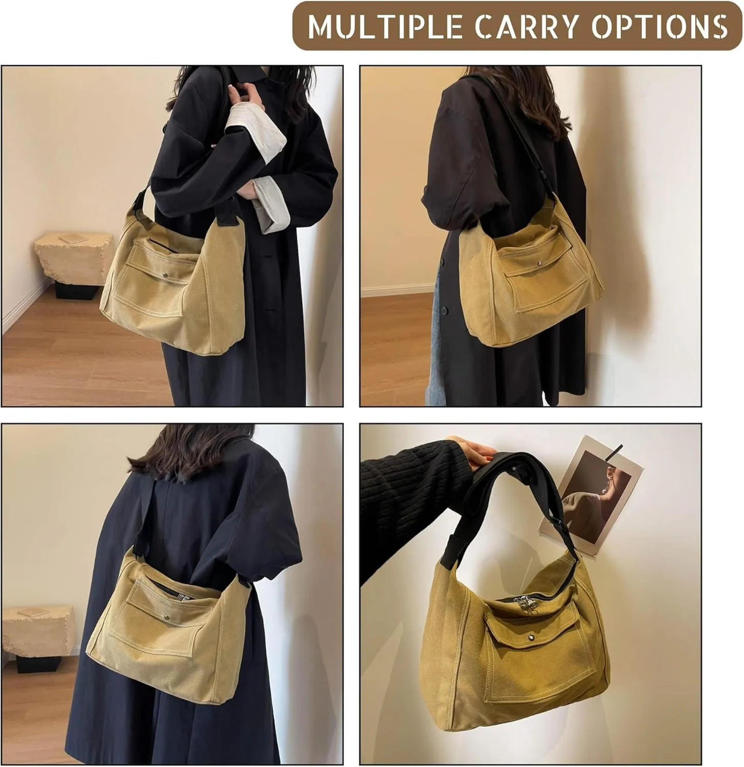 Vintage Canvas Messenger Bag for Women, Hippie Crossbody Hobo Purse with Multiple Pockets