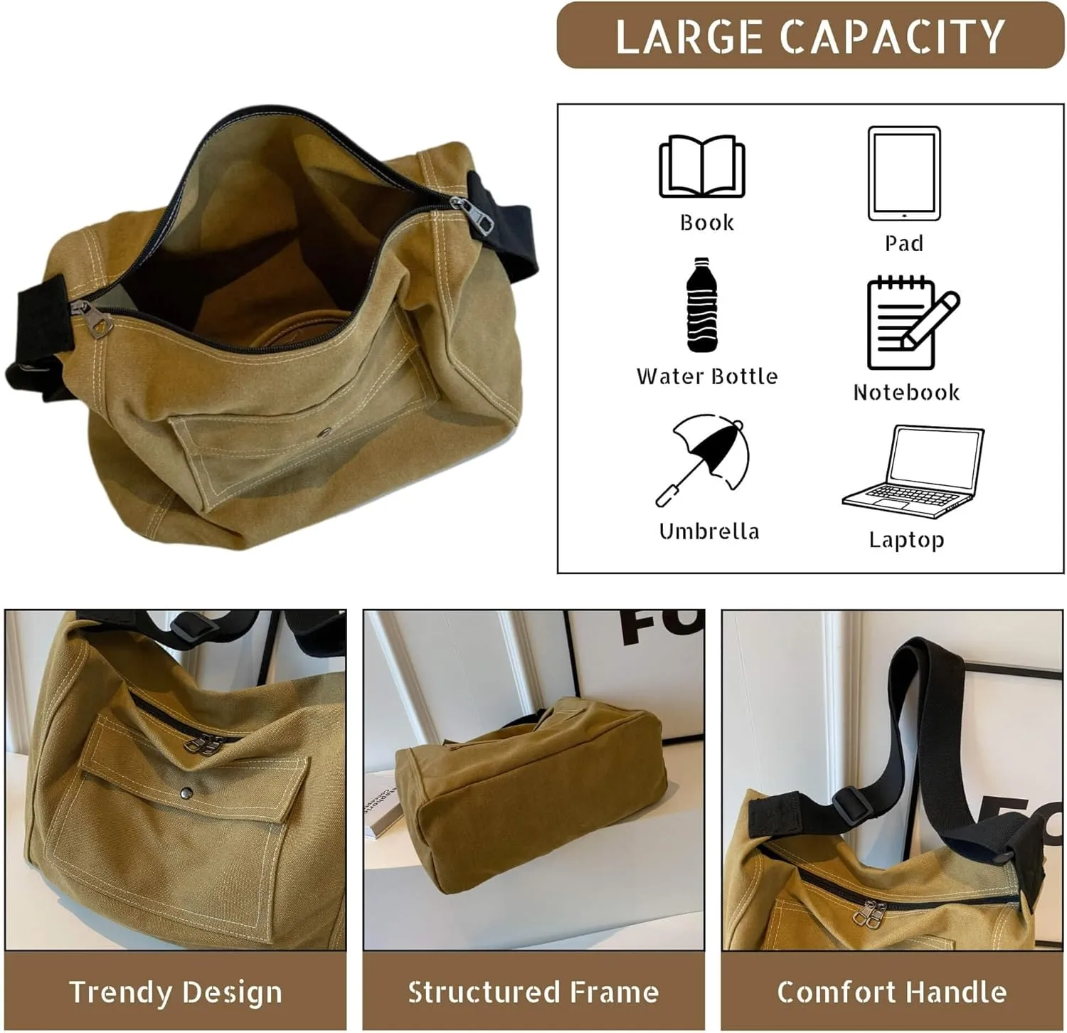 Vintage Canvas Messenger Bag for Women, Hippie Crossbody Hobo Purse with Multiple Pockets