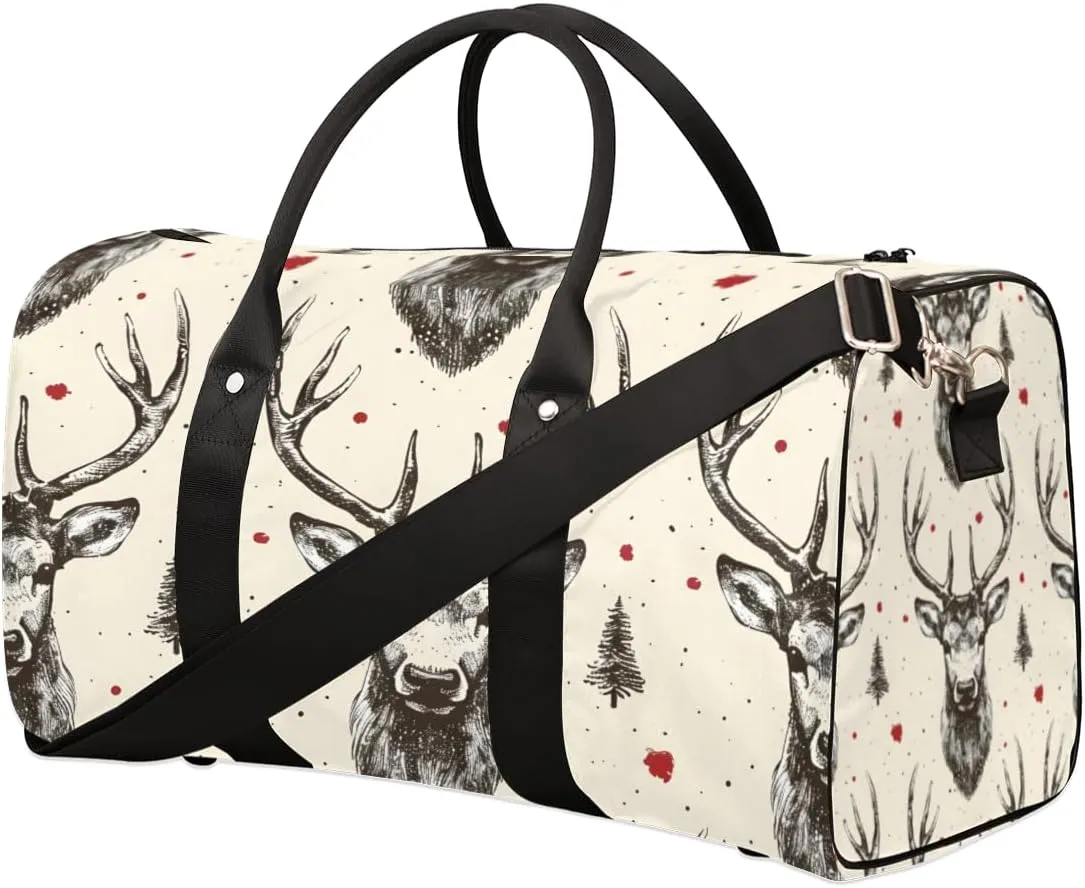 Vintage Elk Travel Duffle Bag for Women Men Gym Duffel Foldable Bag Waterproof Weekender Beige Grey Duffle Tote