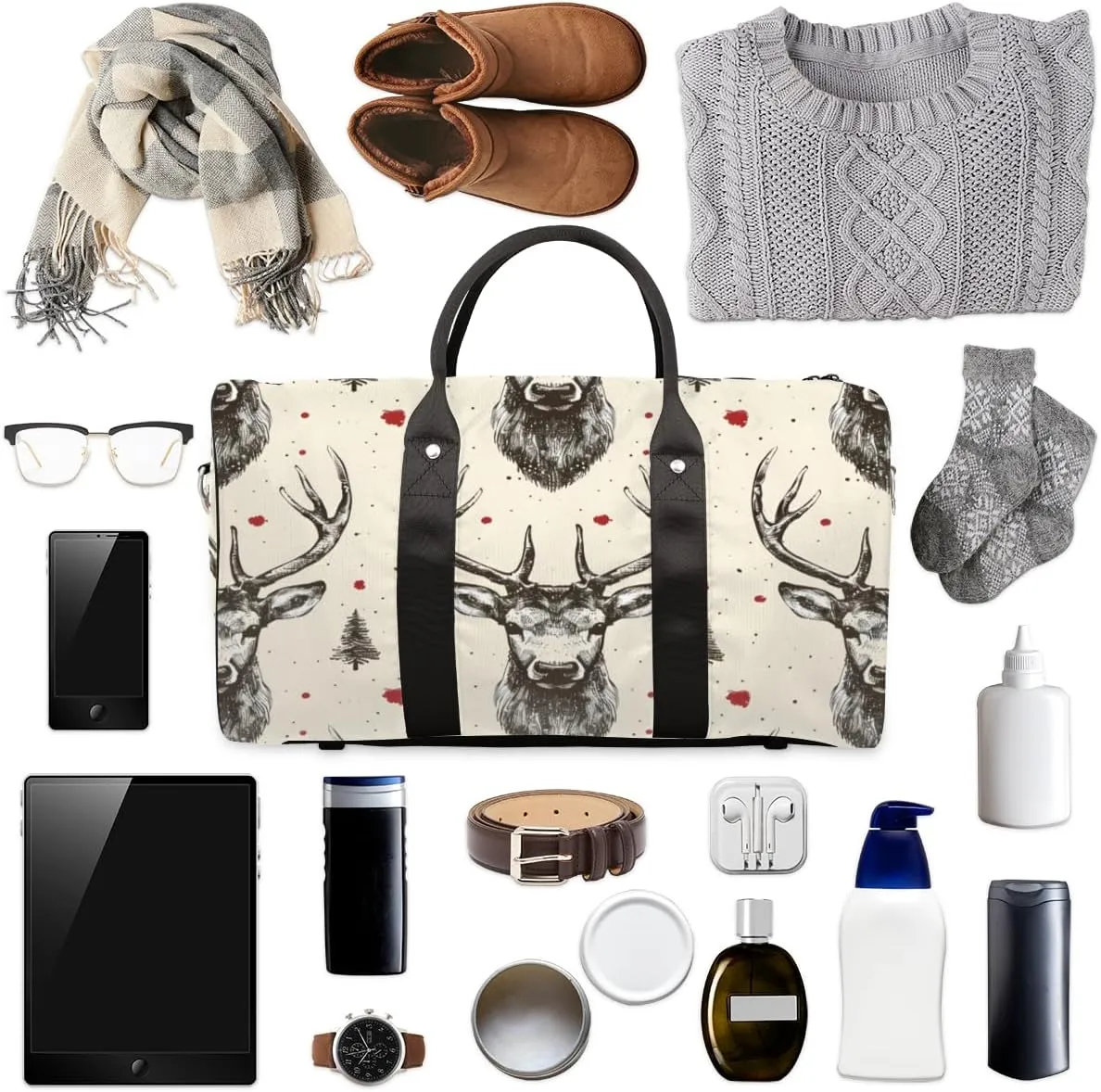 Vintage Elk Travel Duffle Bag for Women Men Gym Duffel Foldable Bag Waterproof Weekender Beige Grey Duffle Tote