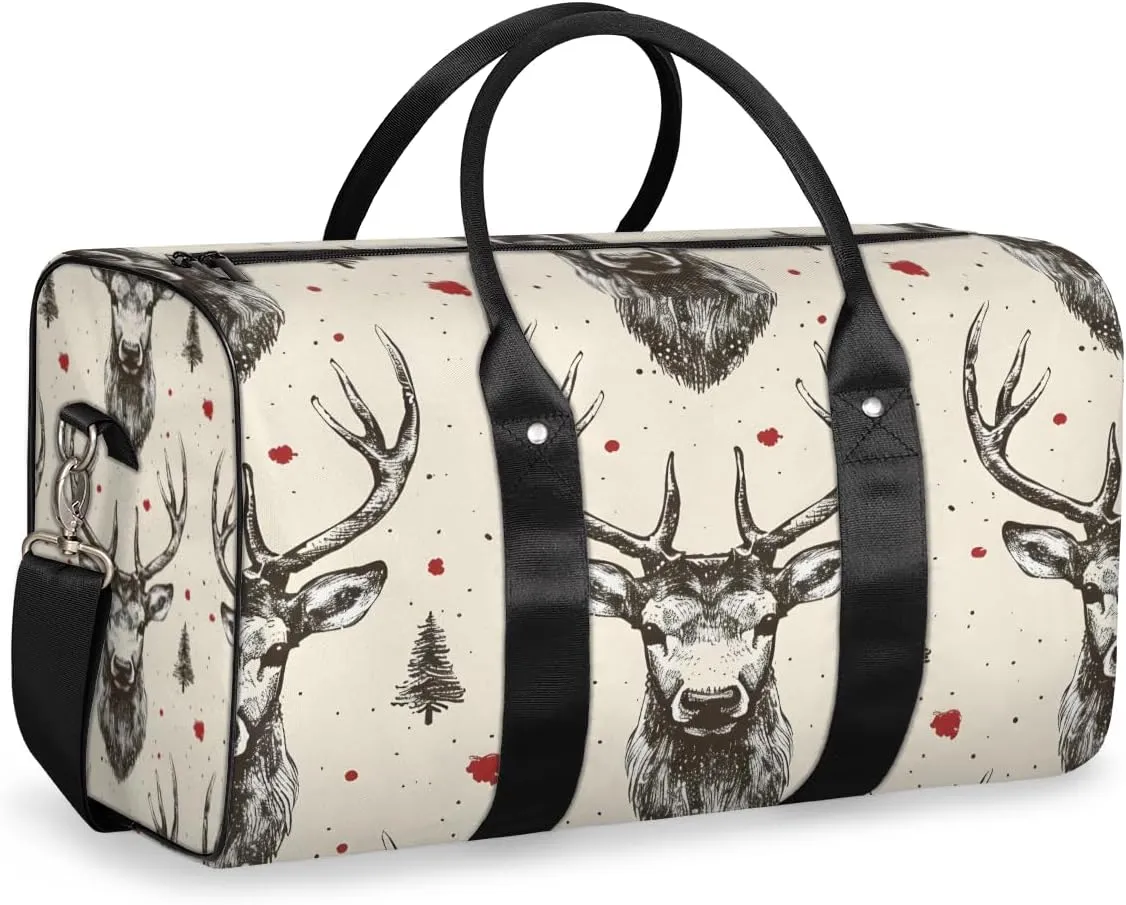 Vintage Elk Travel Duffle Bag for Women Men Gym Duffel Foldable Bag Waterproof Weekender Beige Grey Duffle Tote