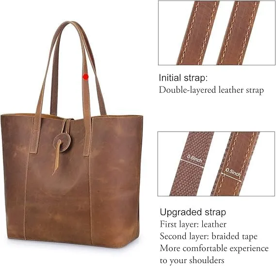 Vintage Leather Tote Bag, Large Shoulder Purse Handbag, Brown