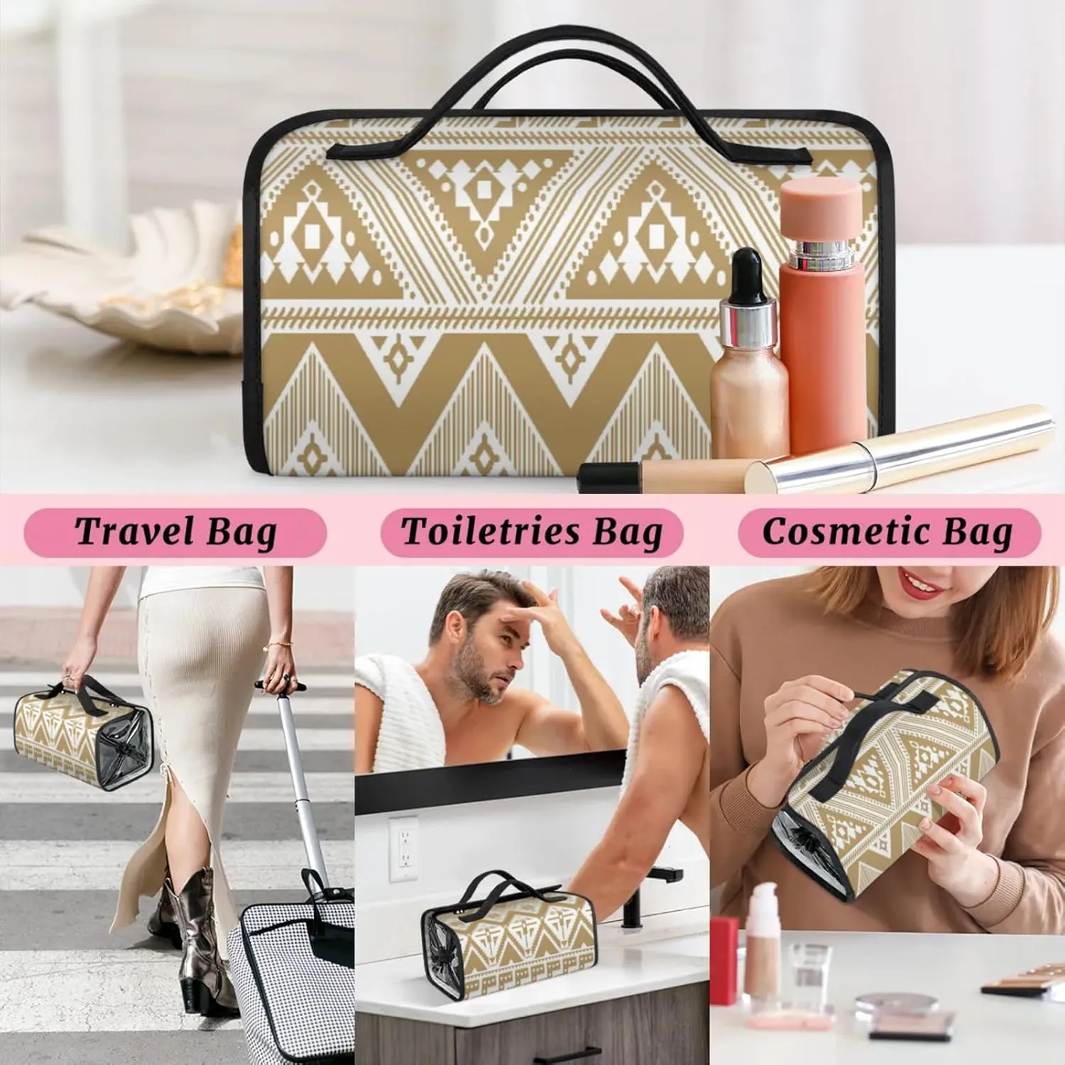Vintage Pattern Aztec Toiletry Bag Water Proof Travel Makeup Case Large Capacity 4 in 1 Foldable Cosmetics Storage for Women Men Removable Zipper Clear PVC Pockets