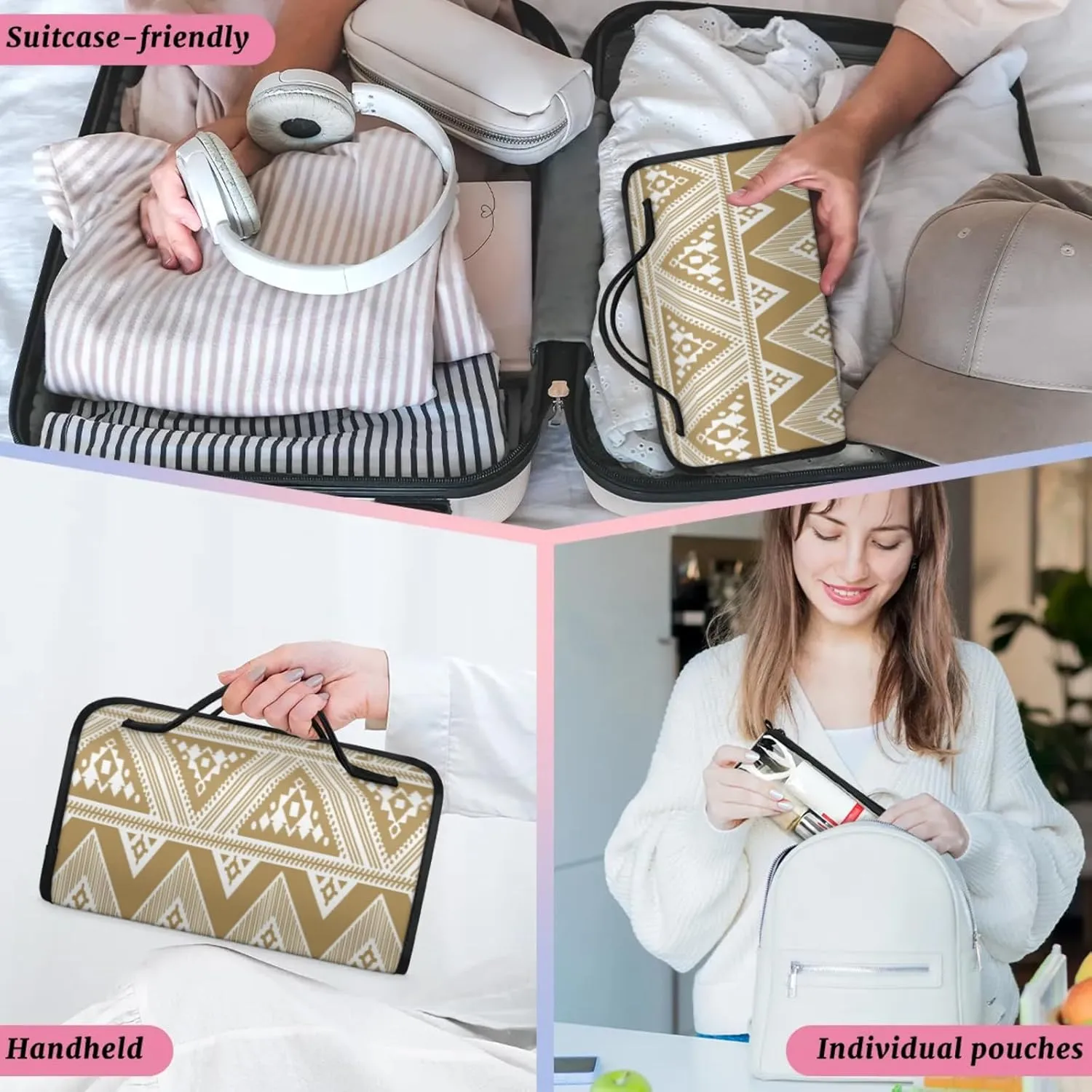 Vintage Pattern Aztec Toiletry Bag Water Proof Travel Makeup Case Large Capacity 4 in 1 Foldable Cosmetics Storage for Women Men Removable Zipper Clear PVC Pockets