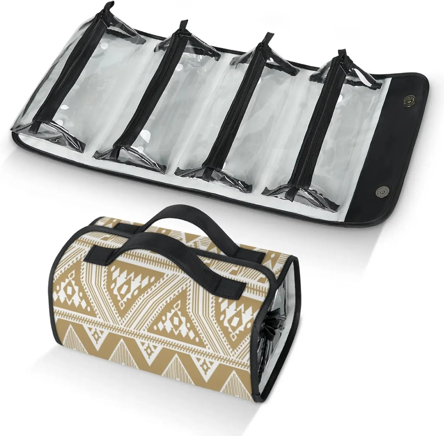 Vintage Pattern Aztec Toiletry Bag Water Proof Travel Makeup Case Large Capacity 4 in 1 Foldable Cosmetics Storage for Women Men Removable Zipper Clear PVC Pockets