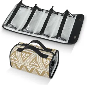 Vintage Pattern Aztec Toiletry Bag Water Proof Travel Makeup Case Large Capacity 4 in 1 Foldable Cosmetics Storage for Women Men Removable Zipper Clear PVC Pockets