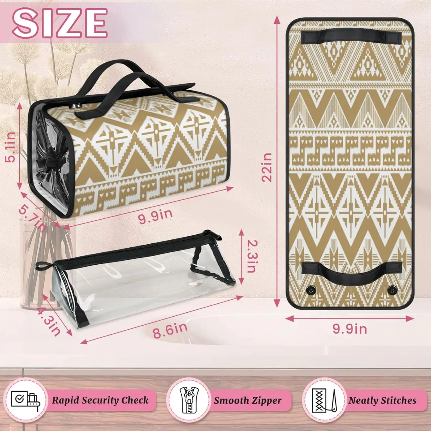 Vintage Pattern Aztec Toiletry Bag Water Proof Travel Makeup Case Large Capacity 4 in 1 Foldable Cosmetics Storage for Women Men Removable Zipper Clear PVC Pockets