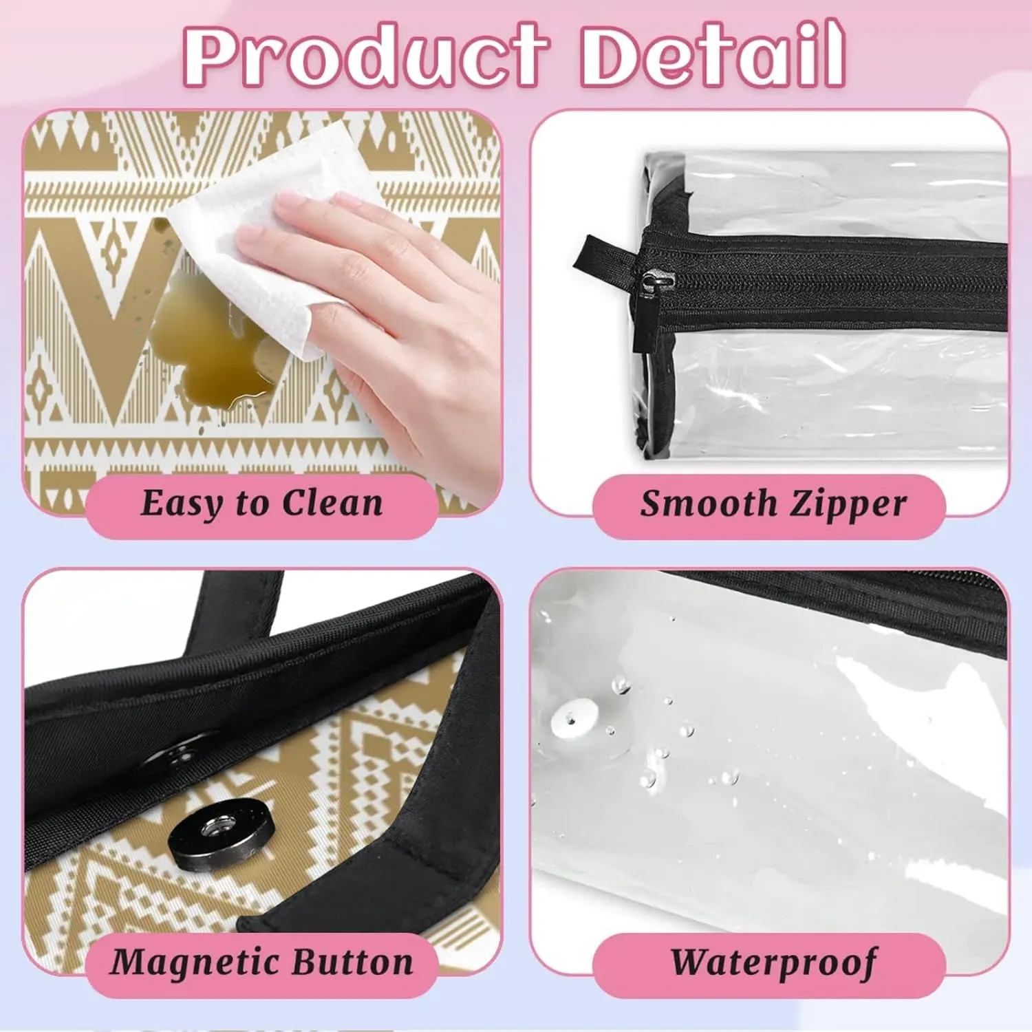 Vintage Pattern Aztec Toiletry Bag Water Proof Travel Makeup Case Large Capacity 4 in 1 Foldable Cosmetics Storage for Women Men Removable Zipper Clear PVC Pockets