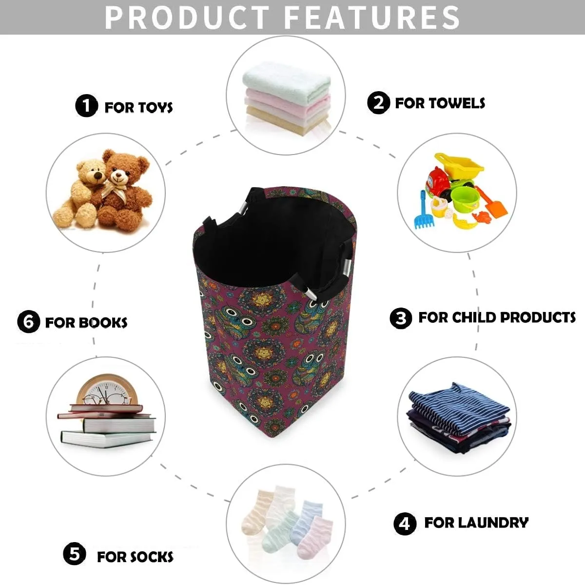 visesunny Boho Ornamental Owl Animal Large Laundry Hamper with Handle Foldable Durable Clothes Hamper Laundry Bag Toy Bin for Bathroom, Bedroom, Dorm, Travel