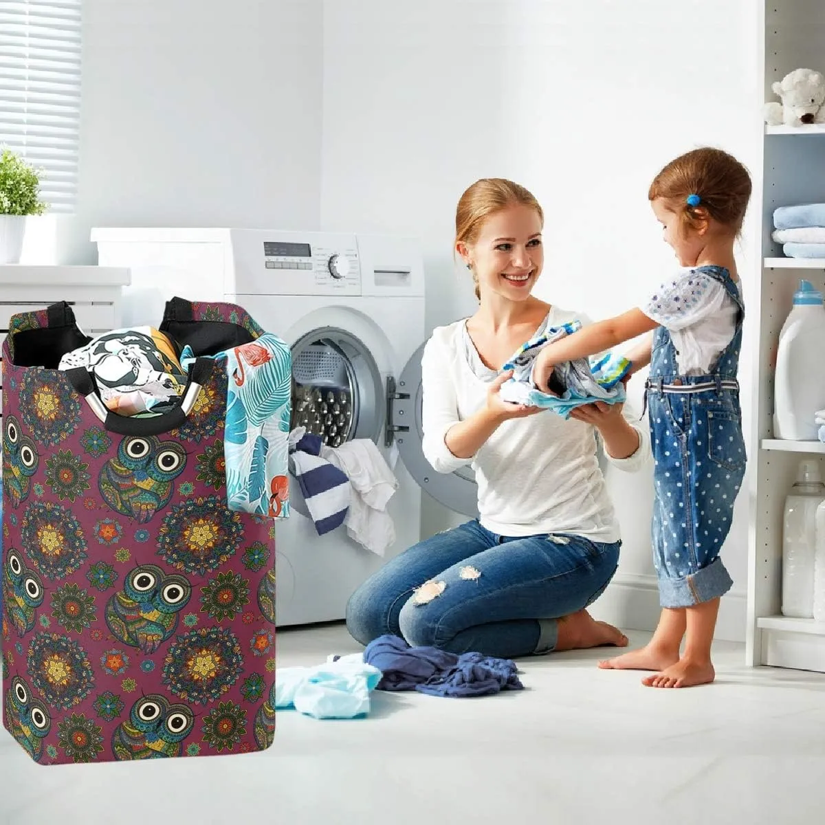 visesunny Boho Ornamental Owl Animal Large Laundry Hamper with Handle Foldable Durable Clothes Hamper Laundry Bag Toy Bin for Bathroom, Bedroom, Dorm, Travel