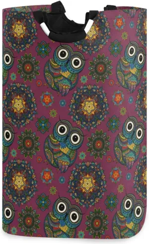 visesunny Boho Ornamental Owl Animal Large Laundry Hamper with Handle Foldable Durable Clothes Hamper Laundry Bag Toy Bin for Bathroom, Bedroom, Dorm, Travel