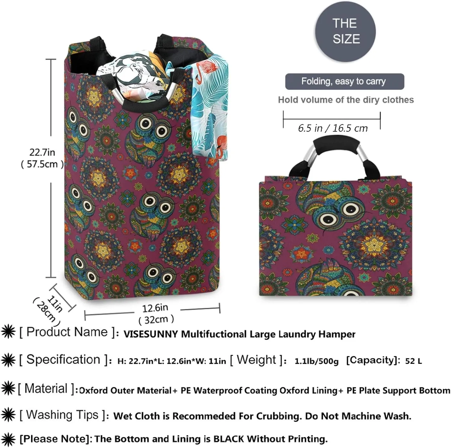 visesunny Boho Ornamental Owl Animal Large Laundry Hamper with Handle Foldable Durable Clothes Hamper Laundry Bag Toy Bin for Bathroom, Bedroom, Dorm, Travel