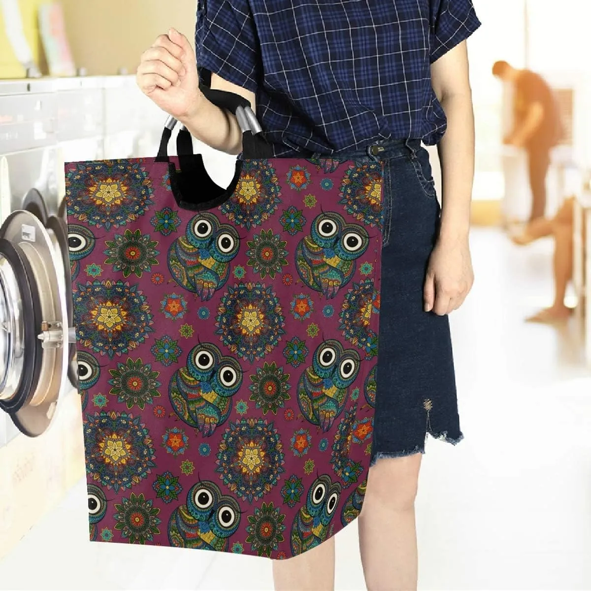 visesunny Boho Ornamental Owl Animal Large Laundry Hamper with Handle Foldable Durable Clothes Hamper Laundry Bag Toy Bin for Bathroom, Bedroom, Dorm, Travel
