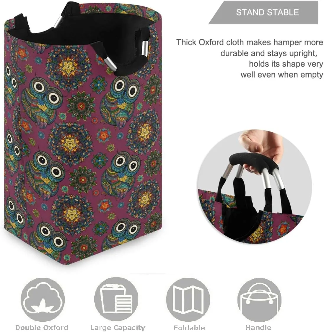 visesunny Boho Ornamental Owl Animal Large Laundry Hamper with Handle Foldable Durable Clothes Hamper Laundry Bag Toy Bin for Bathroom, Bedroom, Dorm, Travel