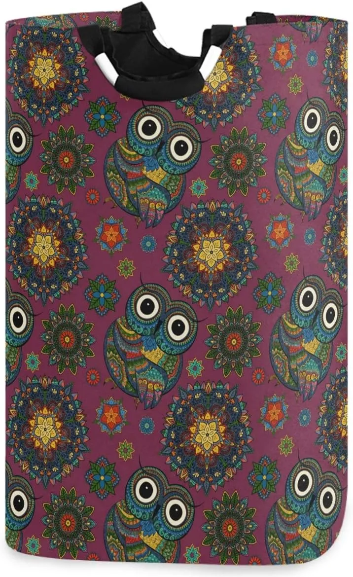 visesunny Boho Ornamental Owl Animal Large Laundry Hamper with Handle Foldable Durable Clothes Hamper Laundry Bag Toy Bin for Bathroom, Bedroom, Dorm, Travel