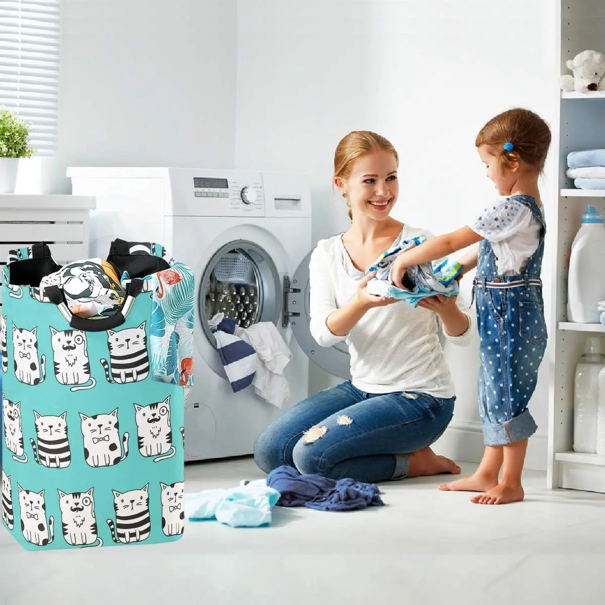 visesunny Collapsible Laundry Basket Funny Cat Cartoon Animal Large Laundry Hamper with Handle Toys and Clothing Organization for Bathroom, Bedroom, Home, Dorm, Travel