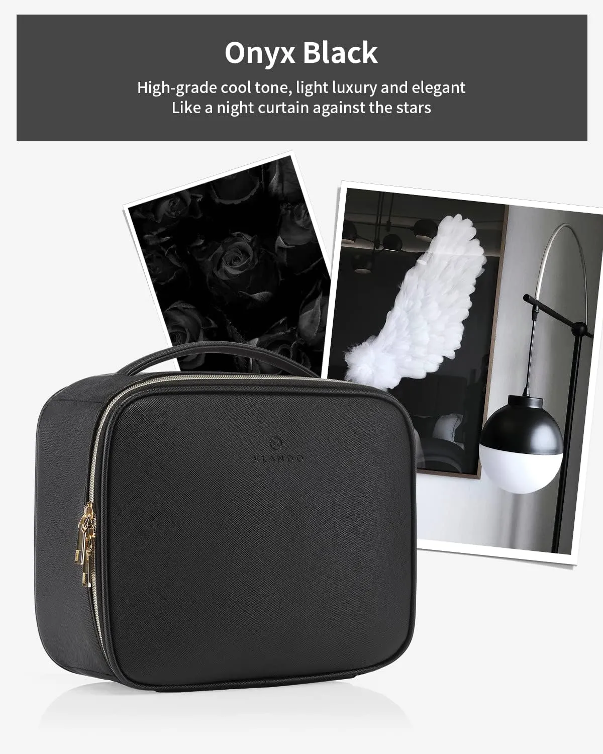 Vlando Medium Makeup Cosmetic Organizer Case Portable Storage Bag with Adjustable Dividers for Makeup Brushes Girls Women Friend Black