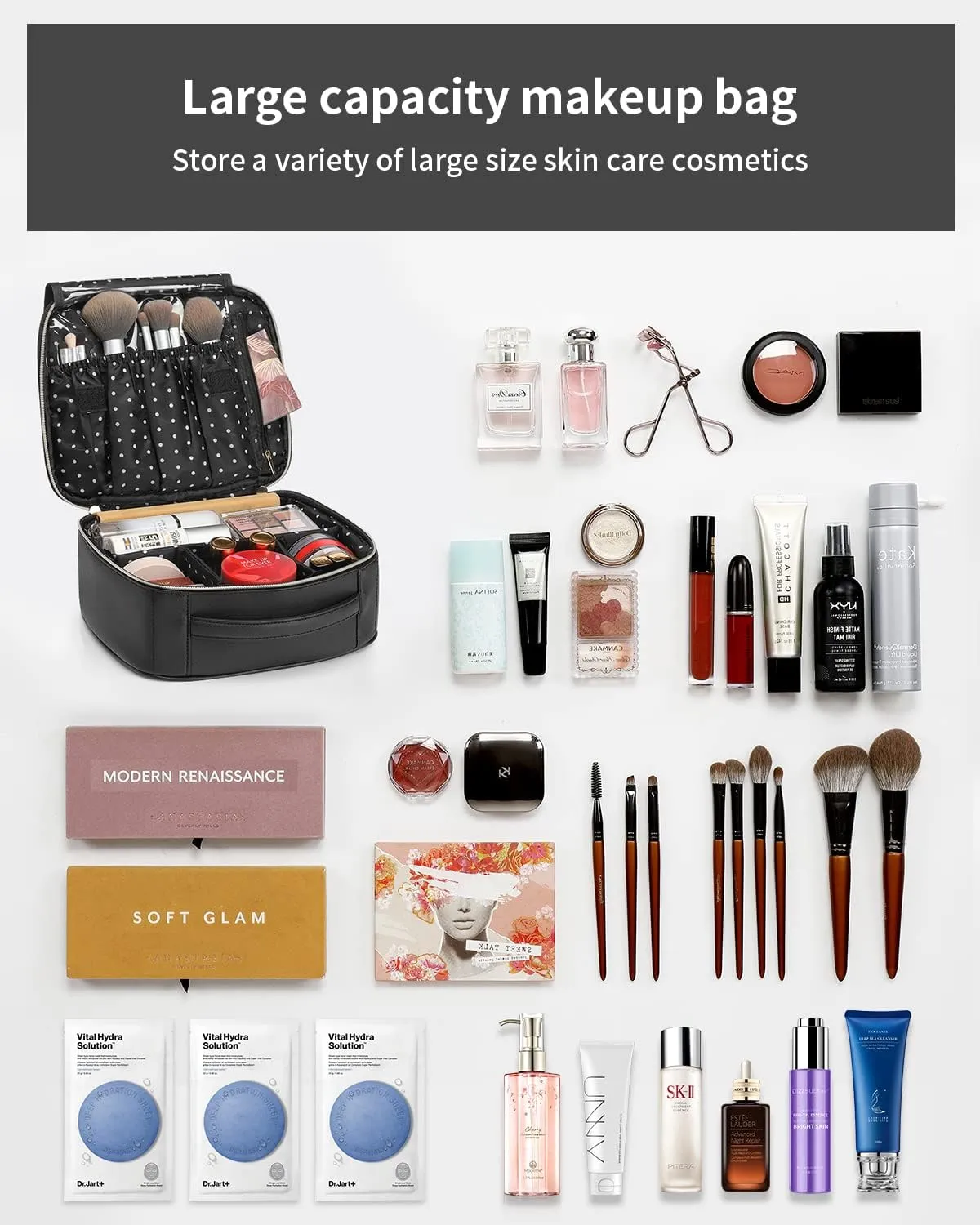 Vlando Medium Makeup Cosmetic Organizer Case Portable Storage Bag with Adjustable Dividers for Makeup Brushes Girls Women Friend Black
