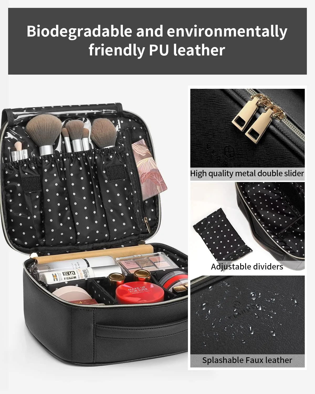 Vlando Medium Makeup Cosmetic Organizer Case Portable Storage Bag with Adjustable Dividers for Makeup Brushes Girls Women Friend Black