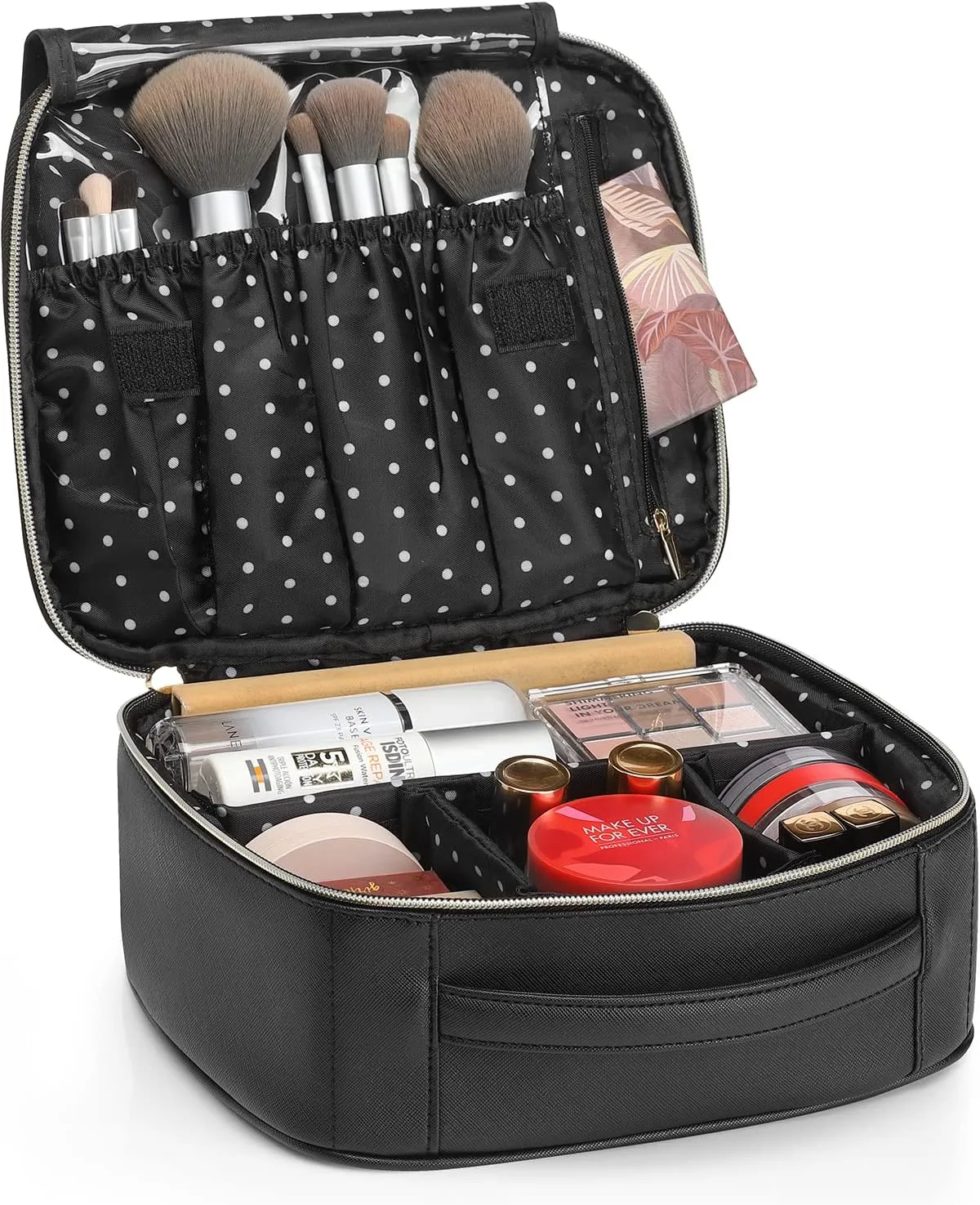 Vlando Medium Makeup Cosmetic Organizer Case Portable Storage Bag with Adjustable Dividers for Makeup Brushes Girls Women Friend Black