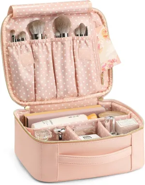 Vlando Travel Makeup Bag, Large Capacity Cosmetic Bag for Women PU Leather Makeup Case Organizer Portable Make up Bag with Dividers and Handle for Girls,Wedding,Makeup Brushes Pink