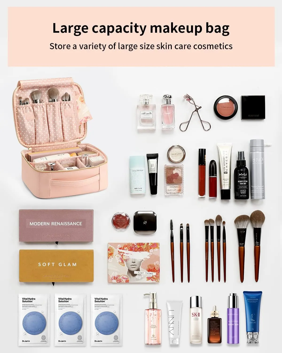 Vlando Travel Makeup Bag, Large Capacity Cosmetic Bag for Women PU Leather Makeup Case Organizer Portable Make up Bag with Dividers and Handle for Girls,Wedding,Makeup Brushes Pink