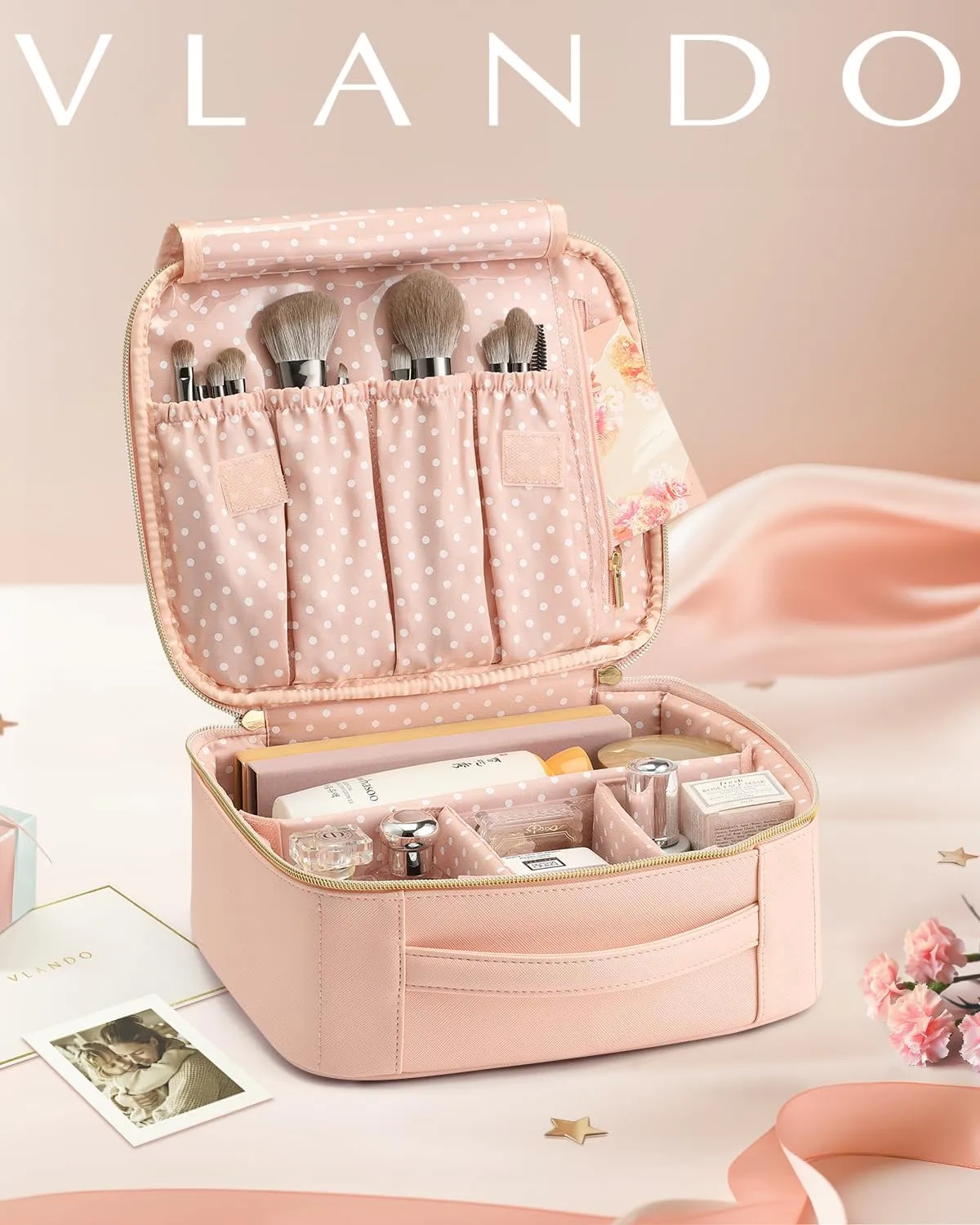 Vlando Travel Makeup Bag, Large Capacity Cosmetic Bag for Women PU Leather Makeup Case Organizer Portable Make up Bag with Dividers and Handle for Girls,Wedding,Makeup Brushes Pink