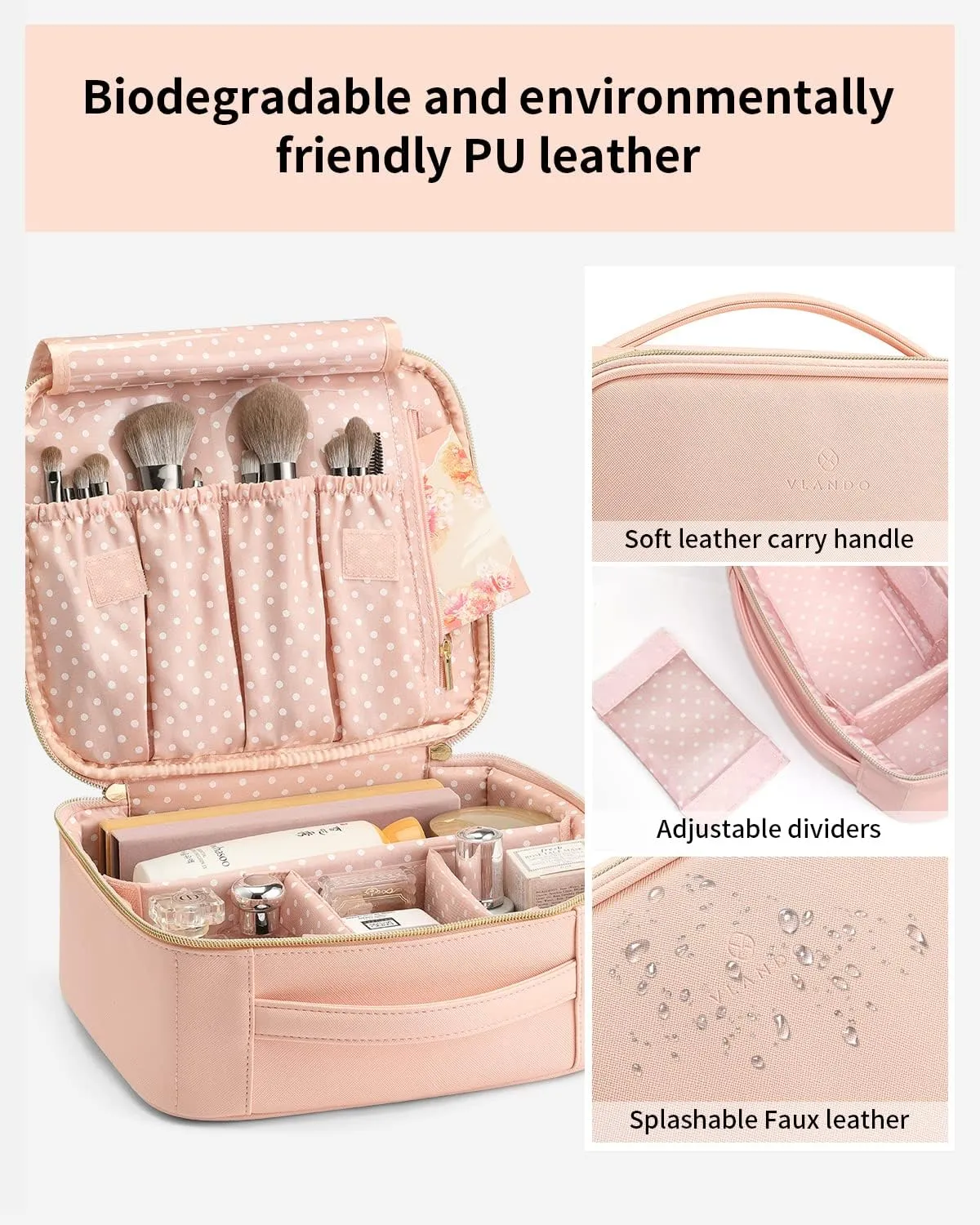 Vlando Travel Makeup Bag, Large Capacity Cosmetic Bag for Women PU Leather Makeup Case Organizer Portable Make up Bag with Dividers and Handle for Girls,Wedding,Makeup Brushes Pink