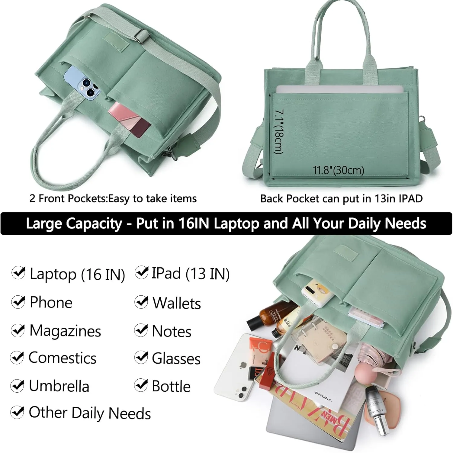 VODIU Canvas Tote Bag for Women,Laptop Bag Work Tote Bag Women Crossbody Purse Handbag Shoulder Travel Messenger Gym Tote