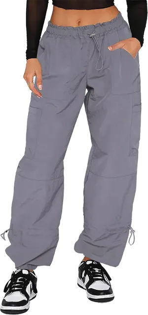 Waitfairy Cargo Pants Women Drawstring Elastic Waist Baggy Parachute Pants Woman Y2K Bottoms with Multiple Pockets