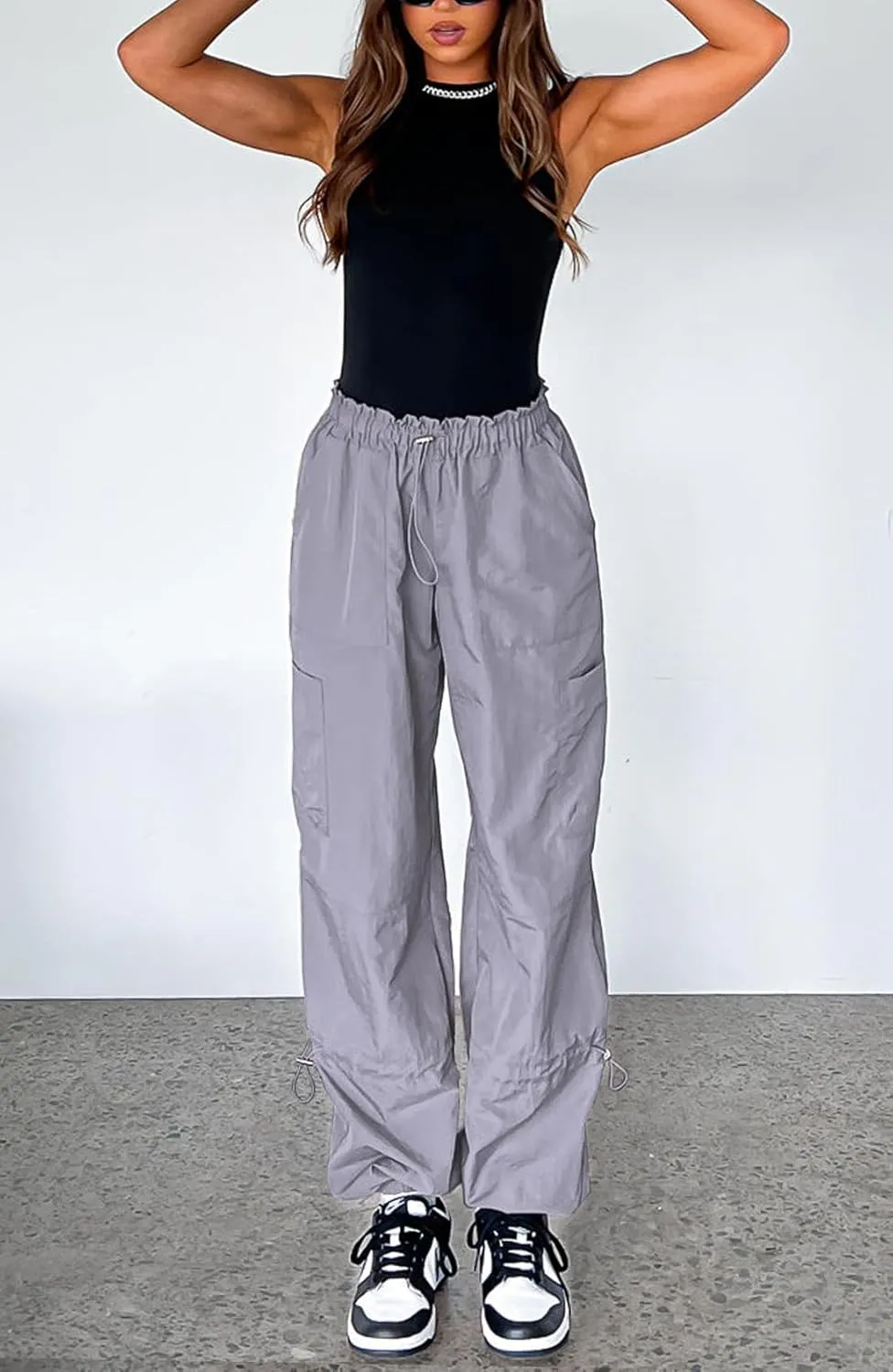 Waitfairy Cargo Pants Women Drawstring Elastic Waist Baggy Parachute Pants Woman Y2K Bottoms with Multiple Pockets