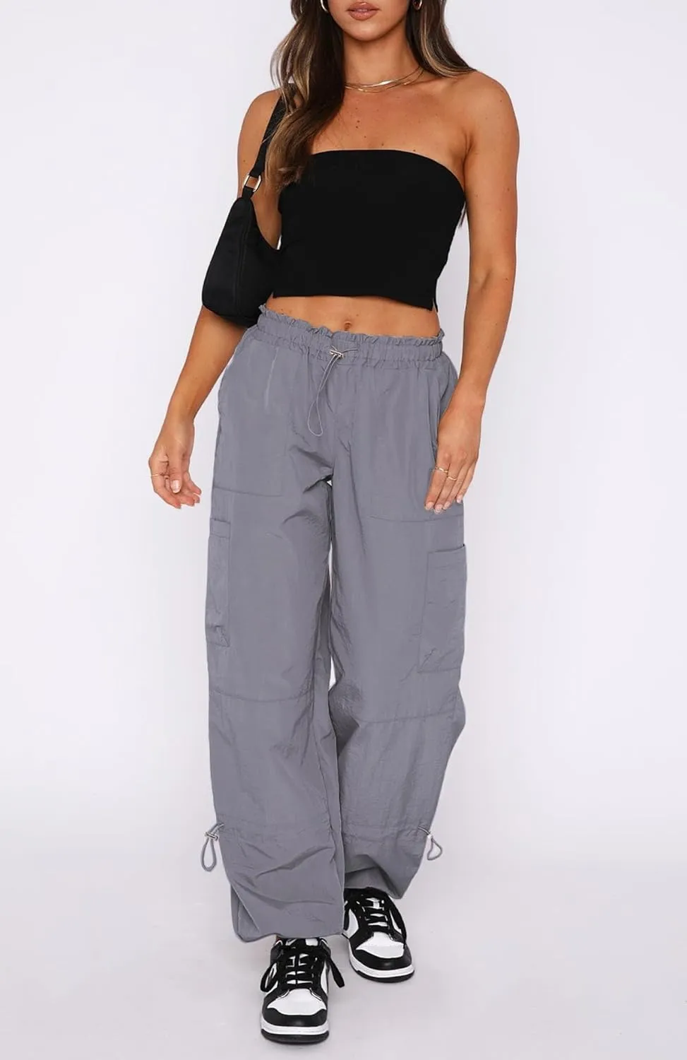 Waitfairy Cargo Pants Women Drawstring Elastic Waist Baggy Parachute Pants Woman Y2K Bottoms with Multiple Pockets