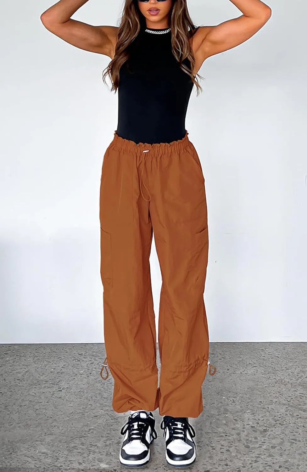 Waitfairy Cargo Pants Women Drawstring Elastic Waist Baggy Parachute Pants Woman Y2K Bottoms with Multiple Pockets