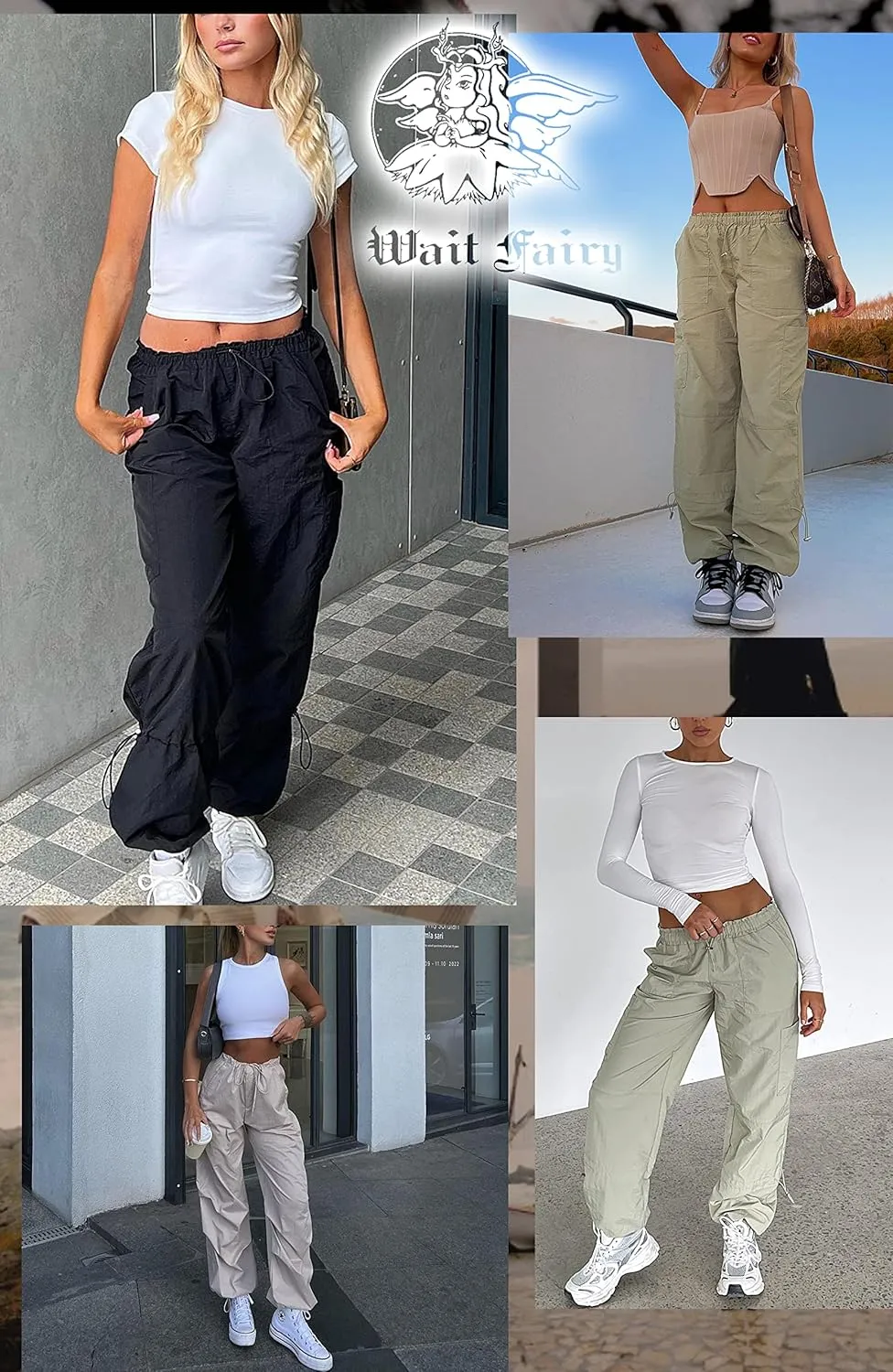 Waitfairy Cargo Pants Women Drawstring Elastic Waist Baggy Parachute Pants Woman Y2K Bottoms with Multiple Pockets