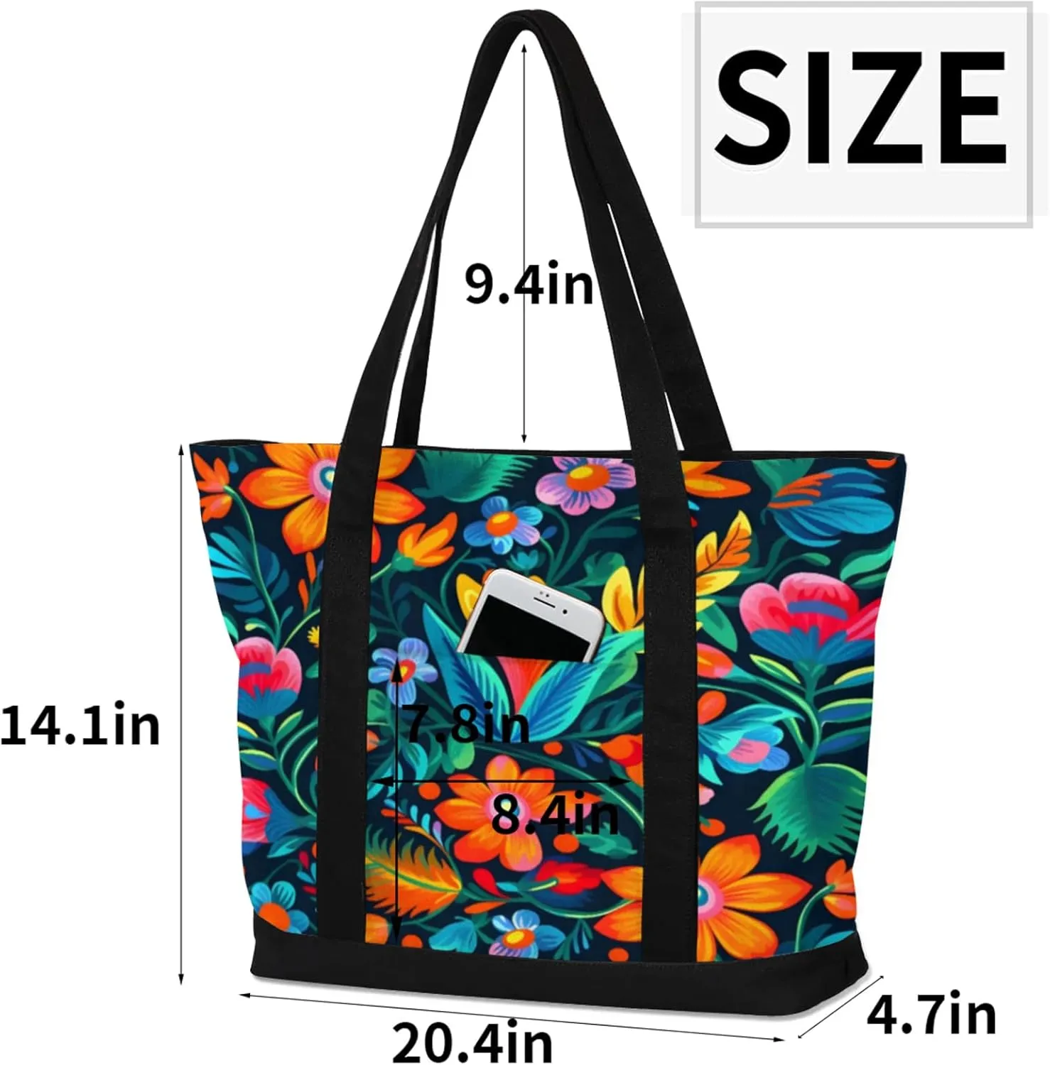 Watercolor Blue Wildflower Canvas Tote Bag Casual Shoulder Handbag Large Shopping Bags With 5 Pocket