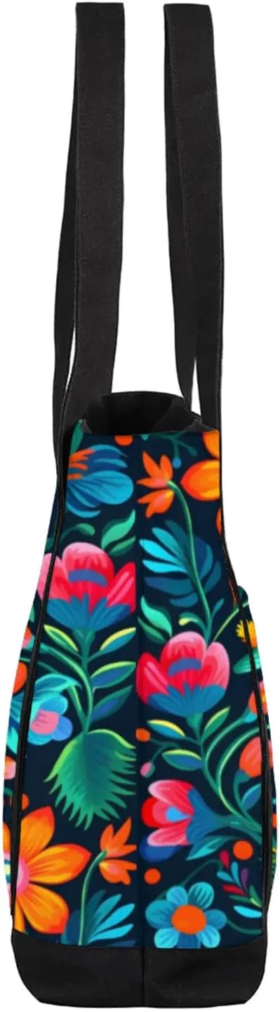 Watercolor Blue Wildflower Canvas Tote Bag Casual Shoulder Handbag Large Shopping Bags With 5 Pocket