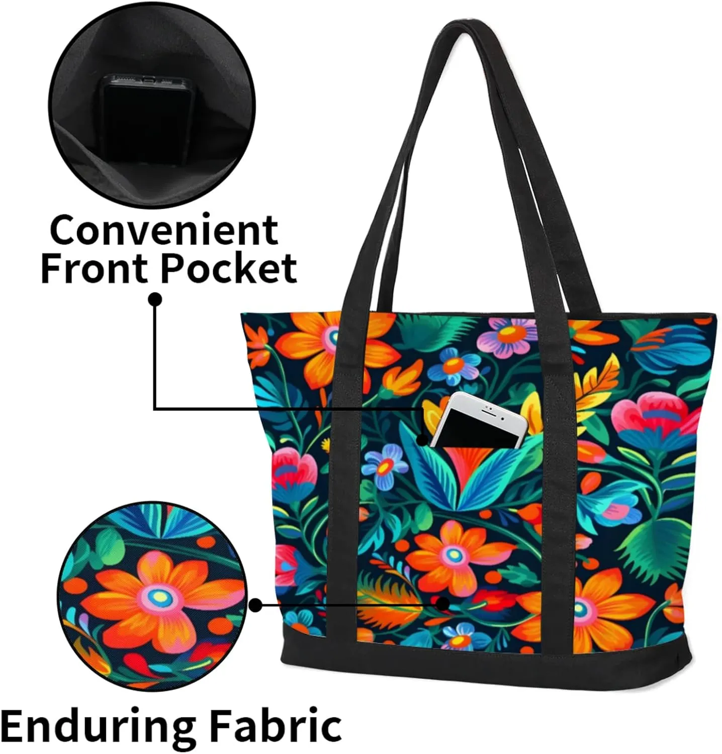 Watercolor Blue Wildflower Canvas Tote Bag Casual Shoulder Handbag Large Shopping Bags With 5 Pocket