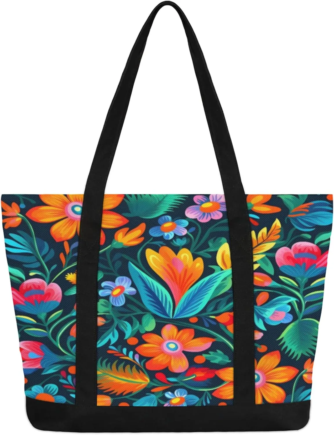 Watercolor Blue Wildflower Canvas Tote Bag Casual Shoulder Handbag Large Shopping Bags With 5 Pocket