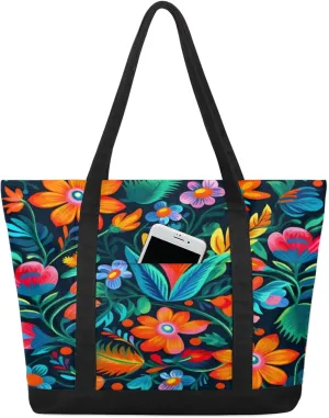 Watercolor Blue Wildflower Canvas Tote Bag Casual Shoulder Handbag Large Shopping Bags With 5 Pocket