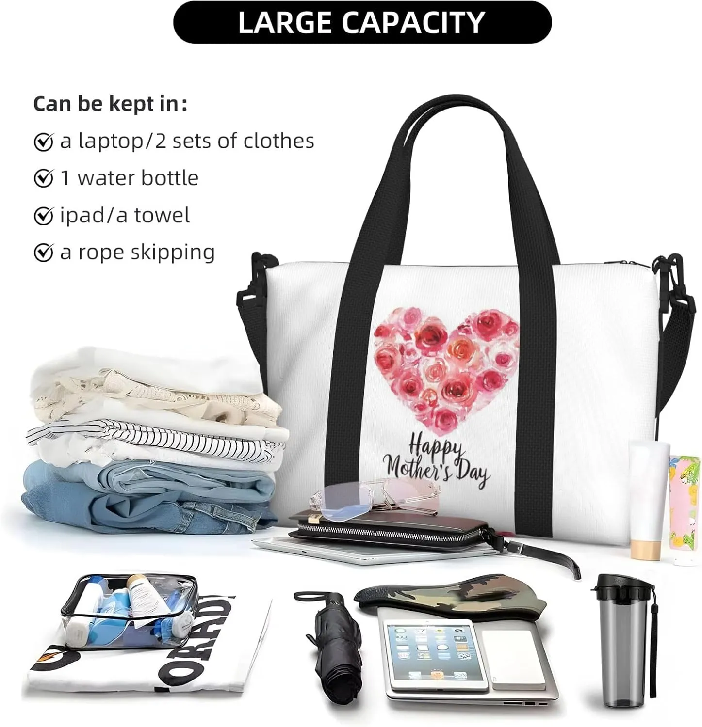 Watercolor heart pink roses print Travel Duffel Bag, Sports Tote Gym Bag, Swim Pool Bag Large Shoulder Tote Bag for Beach Weekender