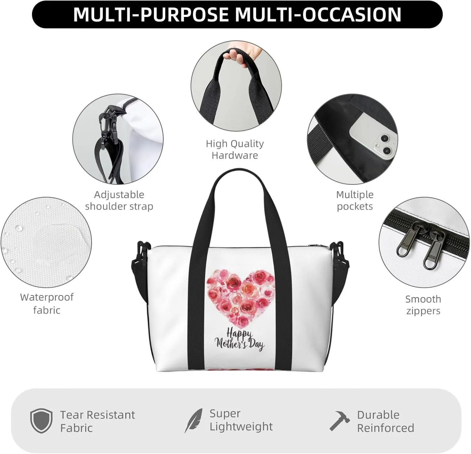 Watercolor heart pink roses print Travel Duffel Bag, Sports Tote Gym Bag, Swim Pool Bag Large Shoulder Tote Bag for Beach Weekender