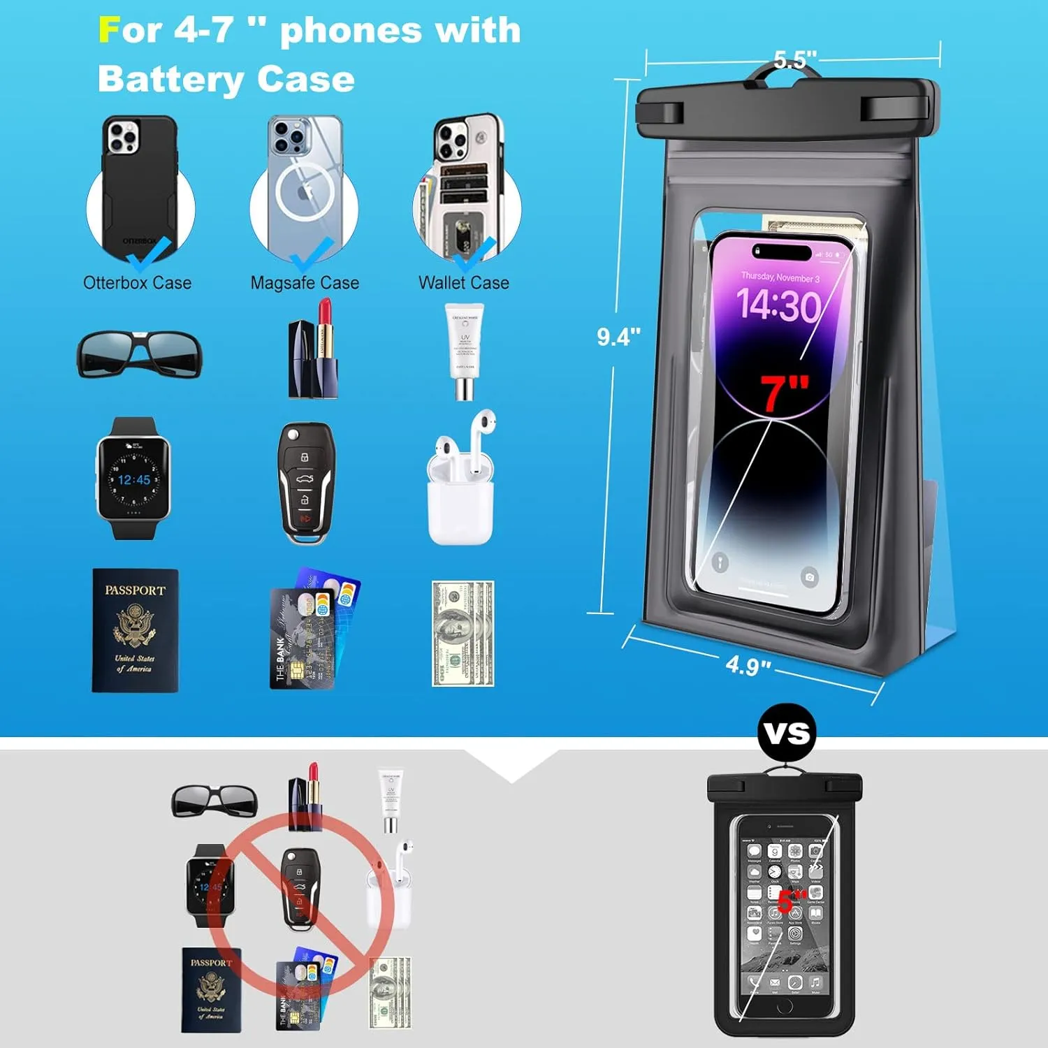 Waterproof Phone Pouch Bag Floating with Zip Lock Seal, 2 Pack 9" Cell Phone Dry Bag for iPhone 16 15 14 13 12 11 Plus Pro Max Samsung S20-S24 Ultra, Water Proof Case Holder for Swimming White