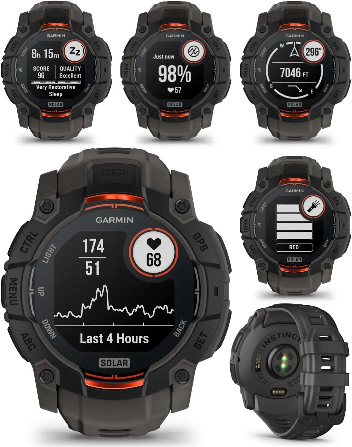 Wearable4U Garmin Instinct 3 Solar 50 mm, Rugged Outdoor GPS Smartwatch, Built-in Flashlight, Up to 40 Days of Battery Life, Black with Charcoal Band Bundle