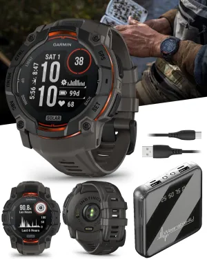 Wearable4U Garmin Instinct 3 Solar 50 mm, Rugged Outdoor GPS Smartwatch, Built-in Flashlight, Up to 40 Days of Battery Life, Black with Charcoal Band Bundle