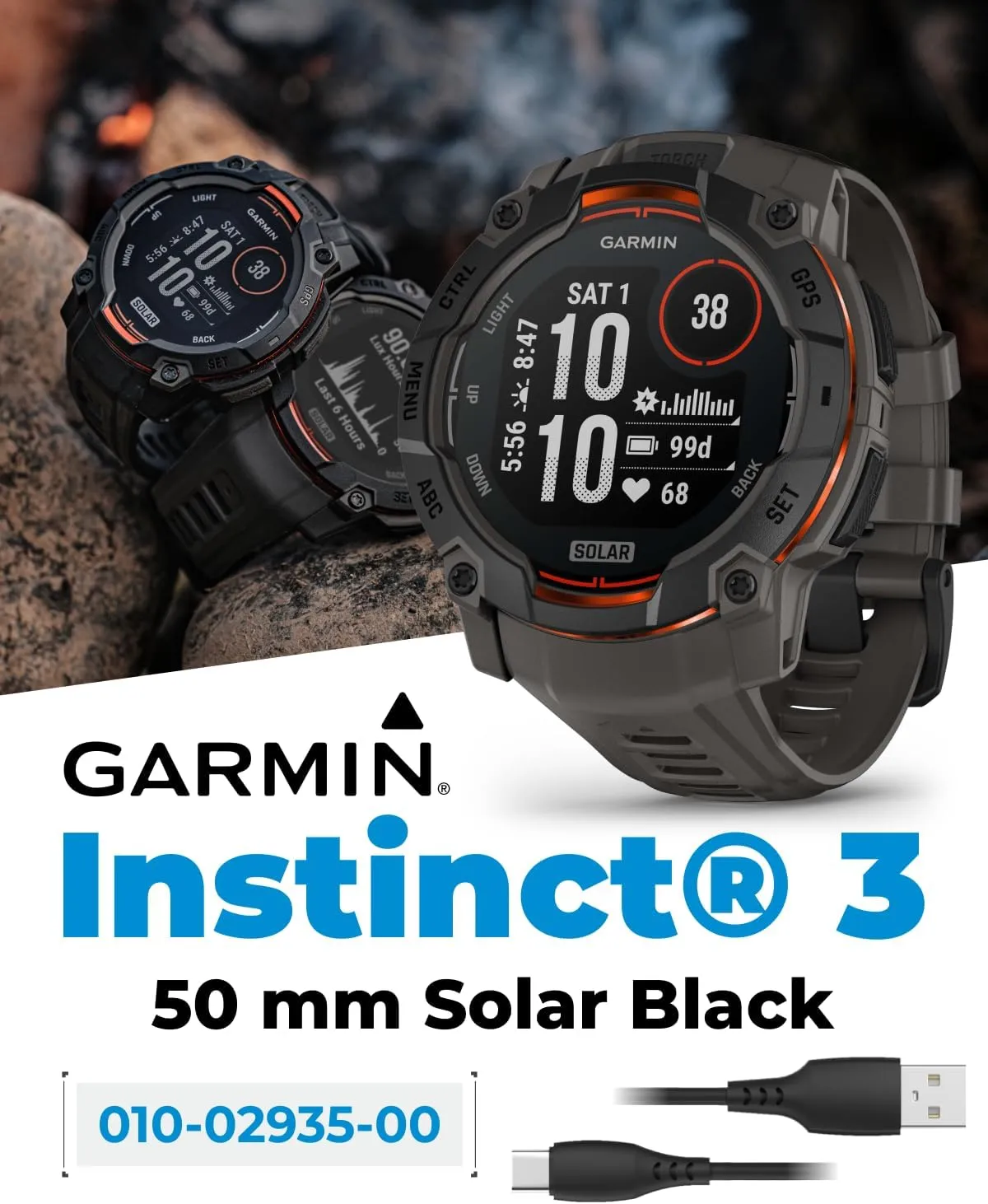 Wearable4U Garmin Instinct 3 Solar 50 mm, Rugged Outdoor GPS Smartwatch, Built-in Flashlight, Up to 40 Days of Battery Life, Black with Charcoal Band Bundle