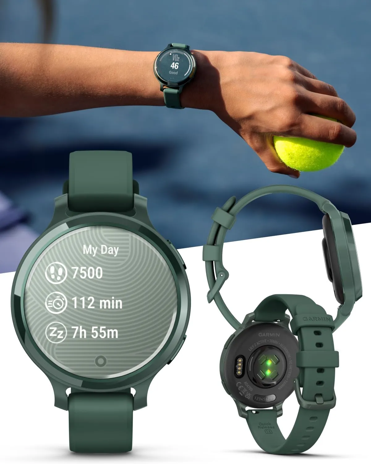 Wearable4U Garmin Lily 2 Active, Jasper Green with Jasper Green Silicone Band, Smartwatch, Built-in GPS, Hidden Display, Patterned Lens, Up to 9 Days Battery Life w Power Bank Bundle