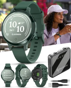 Wearable4U Garmin Lily 2 Active, Jasper Green with Jasper Green Silicone Band, Smartwatch, Built-in GPS, Hidden Display, Patterned Lens, Up to 9 Days Battery Life w Power Bank Bundle