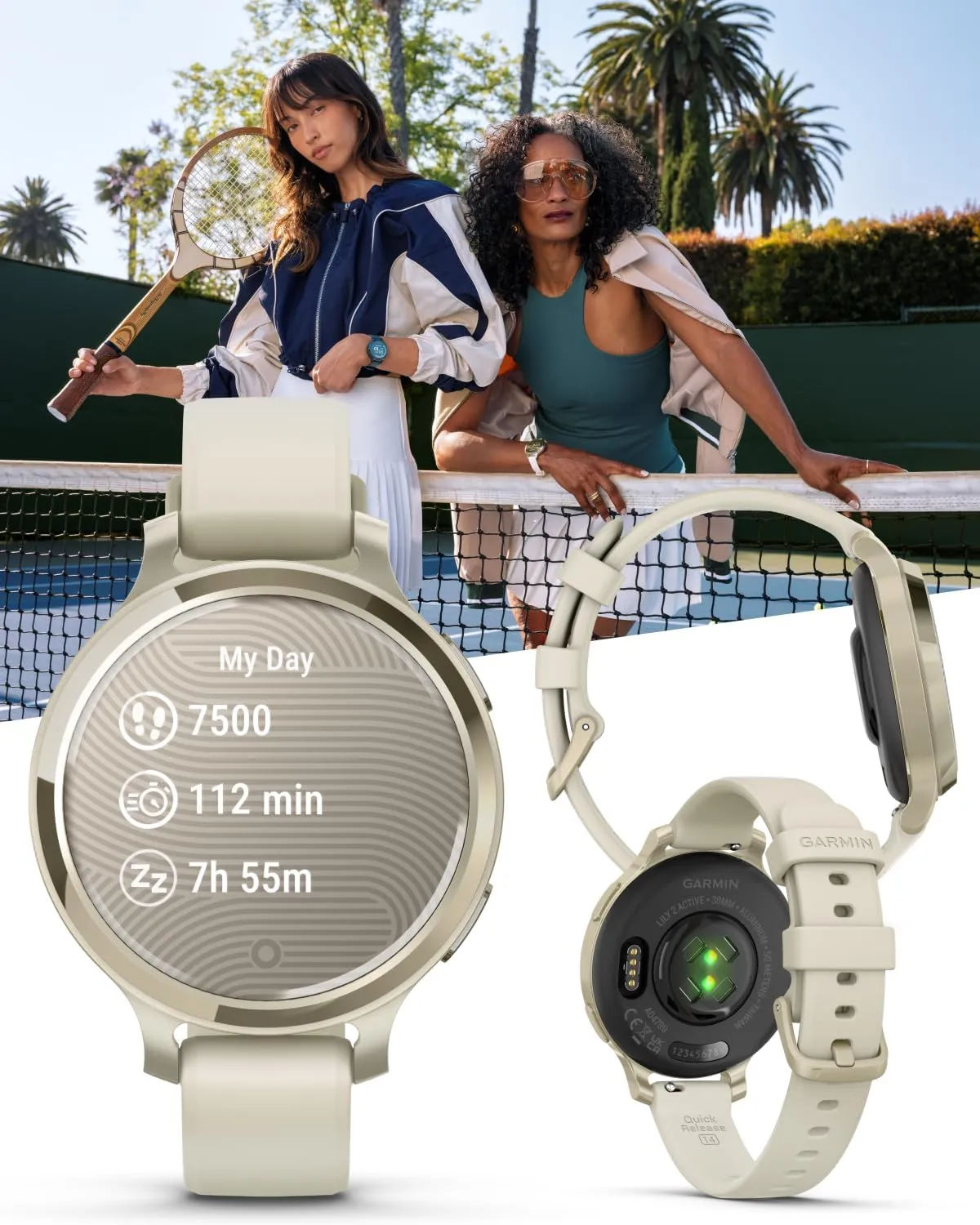 Wearable4U Garmin Lily 2 Active, Lunar Gold with Bone Silicone Band, Small and Stylish Smartwatch, Built-in GPS, Hidden Display, Patterned Lens, Up to 9 Days Battery Life Power Bank Bundle